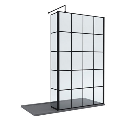 Balterley 8mm Glass Walk In Wetroom Screen And Hinged Return Black Framed Design And Grey Shower Tray - 1700 X 800mm - image 1