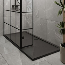Balterley 8mm Glass Walk In Wetroom Screen And Hinged Return Black Framed Design And Grey Shower Tray - 1700 X 800mm - thumbnail 3