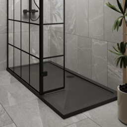 Balterley 8mm Glass Walk In Wetroom Screen And Hinged Return Black Framed Design And Grey Shower Tray - 1700 X 800mm - thumbnail 4