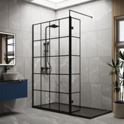 Balterley 8mm Glass Walk In Wetroom Screen And Hinged Return Black Framed Design And Grey Shower Tray - 1700 X 800mm - thumbnail 2