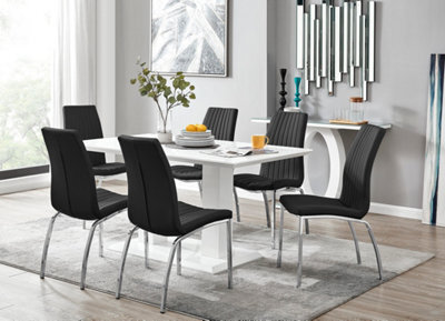 Furniturebox Imperia White High Gloss 6 Seater Dining Table With Structural 2 Plinth Column Legs 6 Black Stitched Faux Leather Isco Chairs - image 1