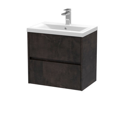 Balterley Square Wall Hung 2 Drawer Vanity Unit & Ceramic Basin, 600mm - Textured Matt Metallic Slate - image 1