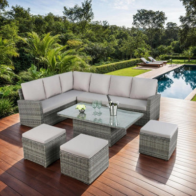 Pelias - Rattan Corner Sofa Set With Rising Table - 8 Seater, Grey Rattan Garden Set With Weatherproof Cushions - image 1