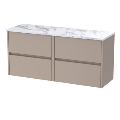 Balterley Chartley Contemporary Wall Hung 4 Drawer Vanity Unit With Carrera Marble Laminate Worktop, 1200mm, Taupe - image 1