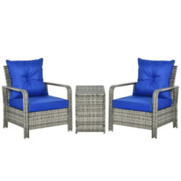 Outsunny Pe Rattan Garden Sofa Set W/ 2 Chairs & 72 L Storage Table, Blue - thumbnail 2
