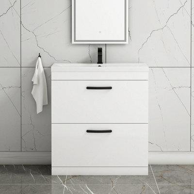 Royal Bathrooms Turin Gloss White 800mm Floor Standing Vanity Unit 2 Drawer With Mid-Edge Basin Sink & Matt Black Handles - image 1