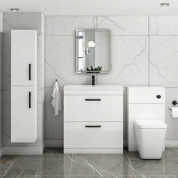 Royal Bathrooms Turin Gloss White 800mm Floor Standing Vanity Unit 2 Drawer With Mid-Edge Basin Sink & Matt Black Handles - thumbnail 2