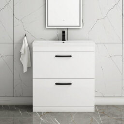 Royal Bathrooms Turin Gloss White 800mm Floor Standing Vanity Unit 2 Drawer With Mid-Edge Basin Sink & Matt Black Handles