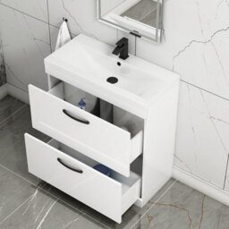 Royal Bathrooms Turin Gloss White 800mm Floor Standing Vanity Unit 2 Drawer With Mid-Edge Basin Sink & Matt Black Handles - thumbnail 5