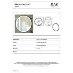 RAK Ceramics Rak Art Round 800mm Circular Illuminated Led Bathroom Mirror With Touch Sensor & Demister Pad, Brushed Nickel Finish - thumbnail 2