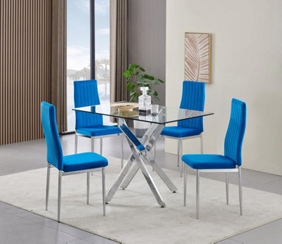 Furnizone UK Rexel 4-Seater 120Cm Rectangular Clear Glass Dining Table And 4 Monza Blue Velvet Chairs - image 1