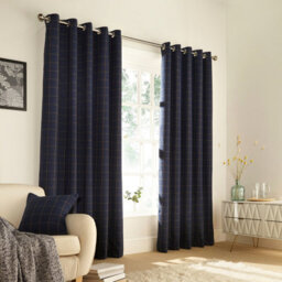 furn. Furn Ellis Check Room Darkening Eyelet Curtain Pair Navy (W)168Cm X (D)183Cm - thumbnail 1