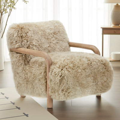 Sheepskin Armchair Oak Wood Frame Scandinavian Accent Chair Curved Arms - image 1