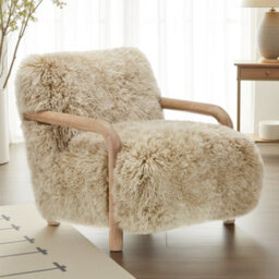 Sheepskin Armchair Oak Wood Frame Scandinavian Accent Chair Curved Arms - thumbnail 1