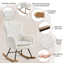 Yaheetech White High Back Boucle Upholstered Rocking Accent Chair With Beech Wood Legs - thumbnail 4