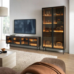 Arte Lumi Tall Display Cabinet 92 Cm In Oak Dunin - Warm Oak-Effect Showcase With Led Shelves - thumbnail 6