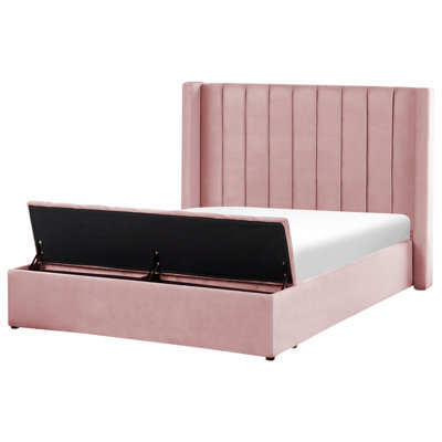 Beliani Bed With Storage Bench Velvet Noyers 140 X 200 Cm (Eu Double) Pink - image 1