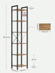 LEDREM 6-Tier Tall Bookshelf, Narrow Bookcase With Steel Frame, Skinny Book Shelf For Living Room, Study, Brown And Black - thumbnail 7