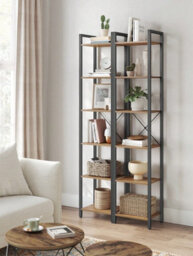 LEDREM 6-Tier Tall Bookshelf, Narrow Bookcase With Steel Frame, Skinny Book Shelf For Living Room, Study, Brown And Black - thumbnail 3