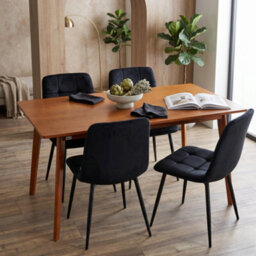 Doubs Dining Table Set With 4 Black Velvet Chairs, Walnut Effect Table 5-Piece Set - thumbnail 1