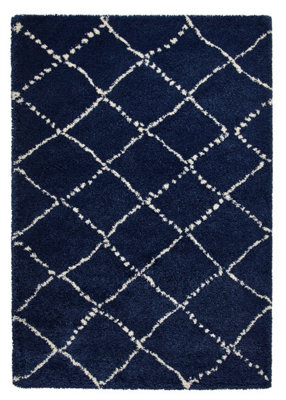 Navy Shaggy Rug, Geometric Stain-Resistant Rug, Modern Moroccan Navy Rug For Living Room, & Dining Room-160Cm X 230Cm - image 1