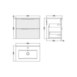 Balterley Tixall Fluted 2 Drawer Wall Hung Vanity Unit With Minimalist Basin, Satin Blue, 600mm - thumbnail 2