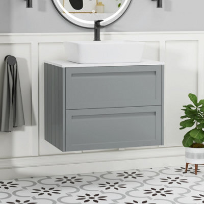 Royal Bathrooms Royal Bathroom Elmore 700mm Matt Pebble Grey Wall Mounted Bathroom Vanity Unit 2 Drawer Plain White Worktop With Cube Basin - image 1