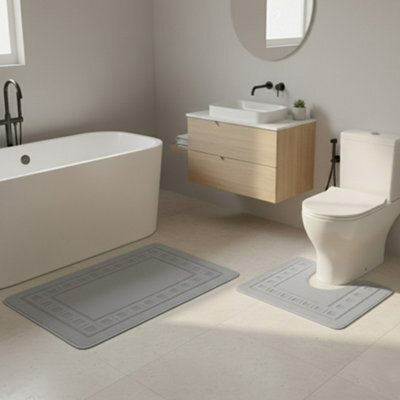 2 Piece Box Design Bath Mat Set Soft Absorbent Non-Slip Bathroom Mats Silver - image 1