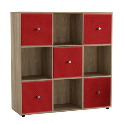 Urbn-Living 9 Cube Oak Wooden Bookcase Shelving Unit With 5 Collapsible Fabric Drawers Red - image 1