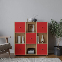 Urbn-Living 9 Cube Oak Wooden Bookcase Shelving Unit With 5 Collapsible Fabric Drawers Red - thumbnail 2