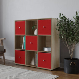 Urbn-Living 9 Cube Oak Wooden Bookcase Shelving Unit With 5 Collapsible Fabric Drawers Red - thumbnail 3