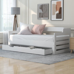Btm 3Ft Daybed, Pull-Out Trundle & Storage Drawer, White Wooden Guest Bed, 90X190Cm - thumbnail 3