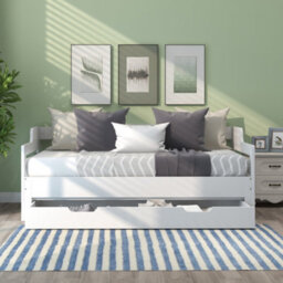 Btm 3Ft Daybed, Pull-Out Trundle & Storage Drawer, White Wooden Guest Bed, 90X190Cm - thumbnail 8