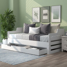 Btm 3Ft Daybed, Pull-Out Trundle & Storage Drawer, White Wooden Guest Bed, 90X190Cm - thumbnail 9