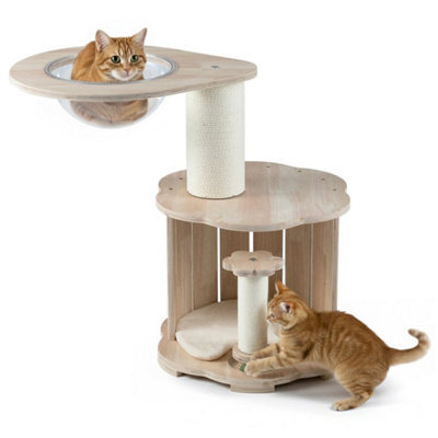 Wooden Cat Tree 3-Level Cute Kitten Tower With Condo-Natural - image 1