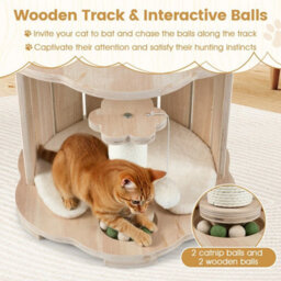 Wooden Cat Tree 3-Level Cute Kitten Tower With Condo-Natural - thumbnail 5