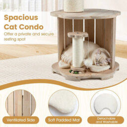Wooden Cat Tree 3-Level Cute Kitten Tower With Condo-Natural - thumbnail 3