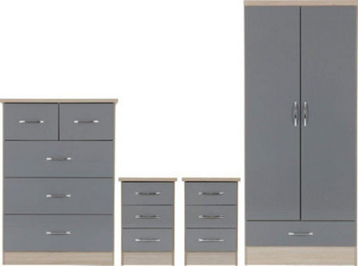 Seconique Nevada 2 Door 1 Drawer Wardrobe Bedroom Set Grey Gloss And Light Oak Effect Veneer - image 1