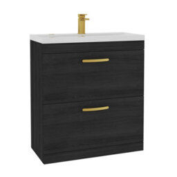 Royal Bathrooms Turin Hale Black 800mm Floor Standing Vanity Unit 2 Drawer With Mid-Edge Basin Sink & Brushed Brass Handles - thumbnail 6