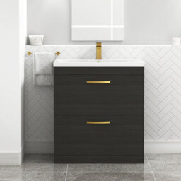 Royal Bathrooms Turin Hale Black 800mm Floor Standing Vanity Unit 2 Drawer With Mid-Edge Basin Sink & Brushed Brass Handles