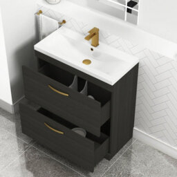 Royal Bathrooms Turin Hale Black 800mm Floor Standing Vanity Unit 2 Drawer With Mid-Edge Basin Sink & Brushed Brass Handles - thumbnail 3