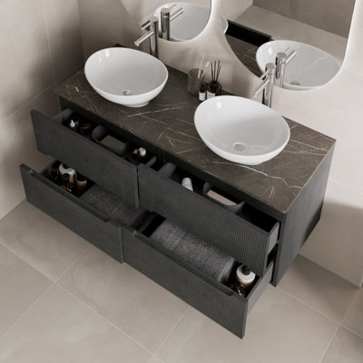 Aveli 1200mm Grey Marble Vanity Unit Double White Oval Basin Wall Hung Fluted Soft Close - image 1