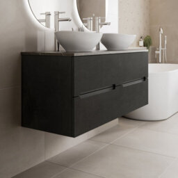 Aveli 1200mm Grey Marble Vanity Unit Double White Oval Basin Wall Hung Fluted Soft Close - thumbnail 3