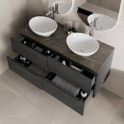 Aveli 1200mm Grey Marble Vanity Unit Double White Oval Basin Wall Hung Fluted Soft Close - thumbnail 1