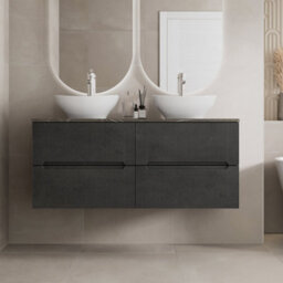 Aveli 1200mm Grey Marble Vanity Unit Double White Oval Basin Wall Hung Fluted Soft Close - thumbnail 2