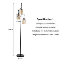 Costway Industrial 3-Light Floor Lamp Metal Standing Tree Light 3 Hanging Lampshade E27 - thumbnail 2