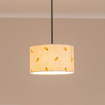 Valuelights Brae Natural White Fabric Lemon Embroidered Small Drum Lamp Shade And Bulb (D)25Cm - image 1