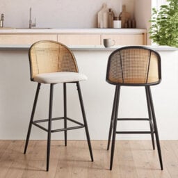 Wyld And Coco Novaline Set Of 2 Bar Chairs - Black Lacquered Metal Frame, Beige Fabric Seats, Viennese Braid Back - thumbnail 2