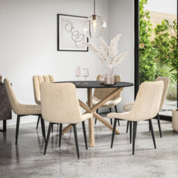 More4Homes Malvern Round Dining Table And Chairs -  Black Table Top W Solid Oak Legs + Nova Velvet Dining Chair Set Of 6 (Beige)