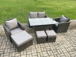Fimous Rattan Outdoor Garden Furniture Set Rectangular Dining Table And Chair Sofa Set With 3 Footstools - thumbnail 2